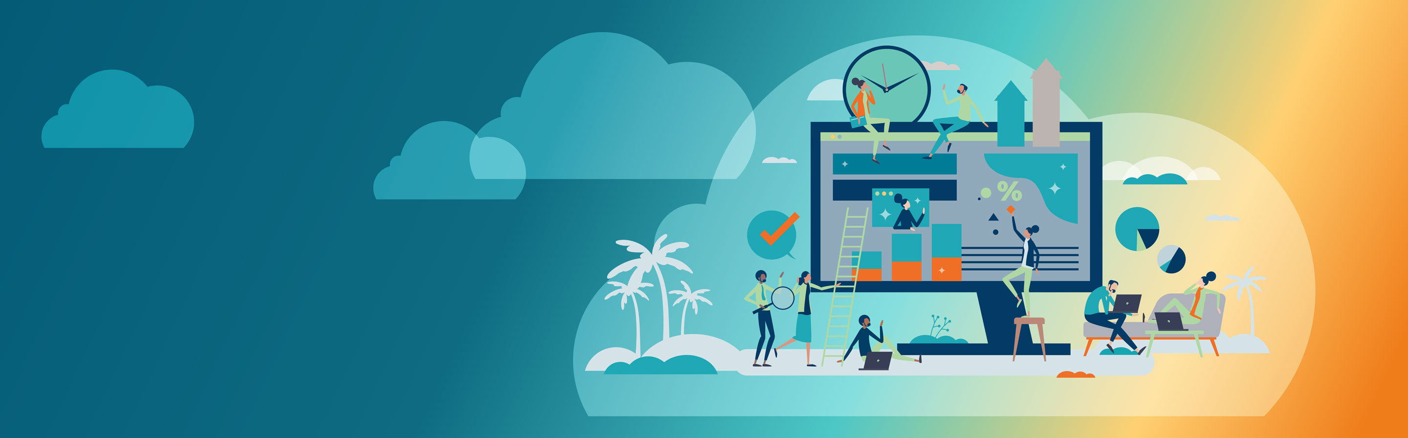 Illustration eines digitalen Arbeitsplatzes in einer Wolkenumgebung, mit verschiedenen Charakteren, die an Projekten arbeiten und Technologien nutzen.