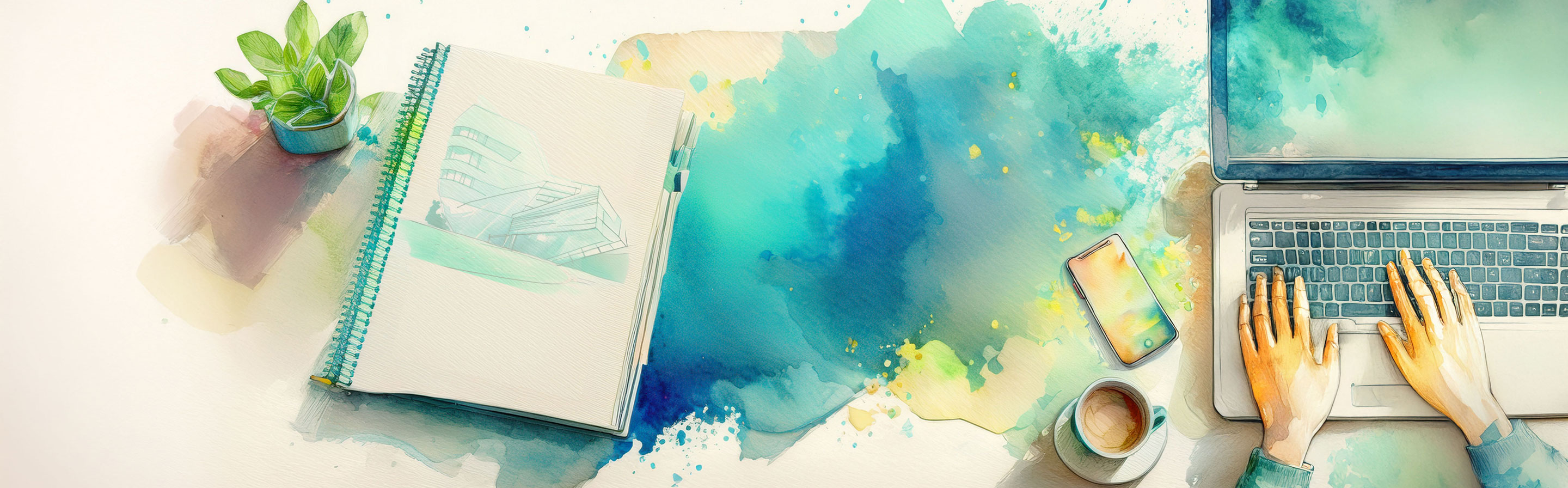 Eine cartoonartige Illustration mit einem Notizbuch auf einem Tisch, einer Tasse Kaffee, einem Handy und Händen, die daran arbeiten.