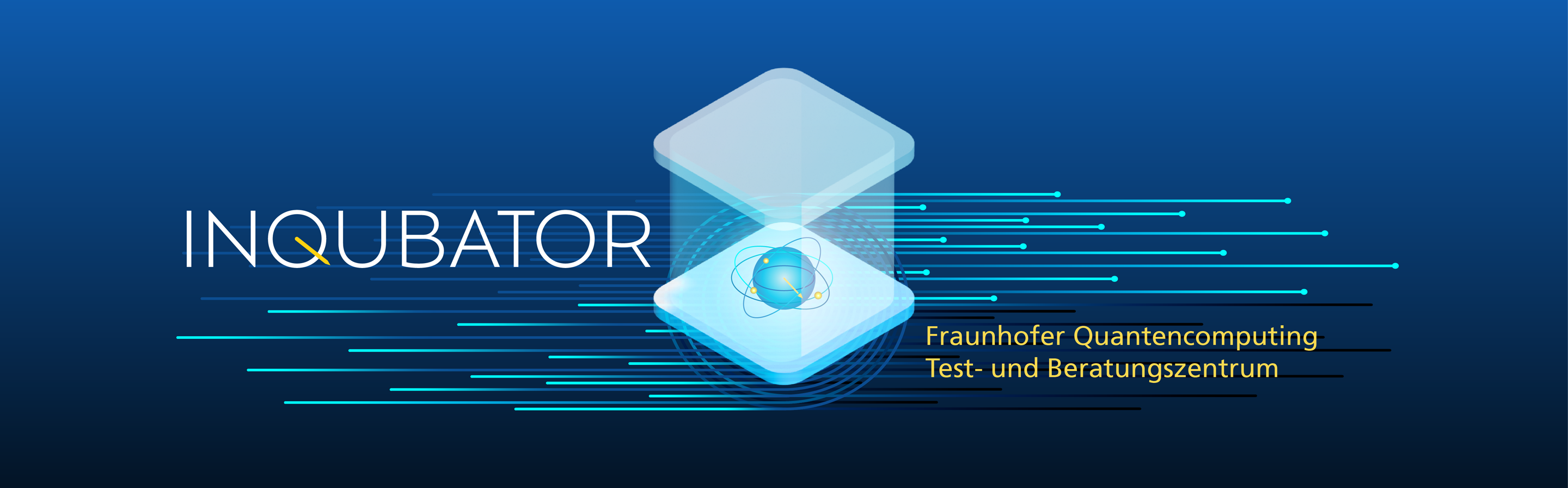 Das Logo des Fraunhofer Quantum Computing Test- und Beratungszentrums "INQUBATOR", dargestellt mit einem stilisierten Quantenwürfel und dynamischen Linien auf einem blauen Hintergrund.