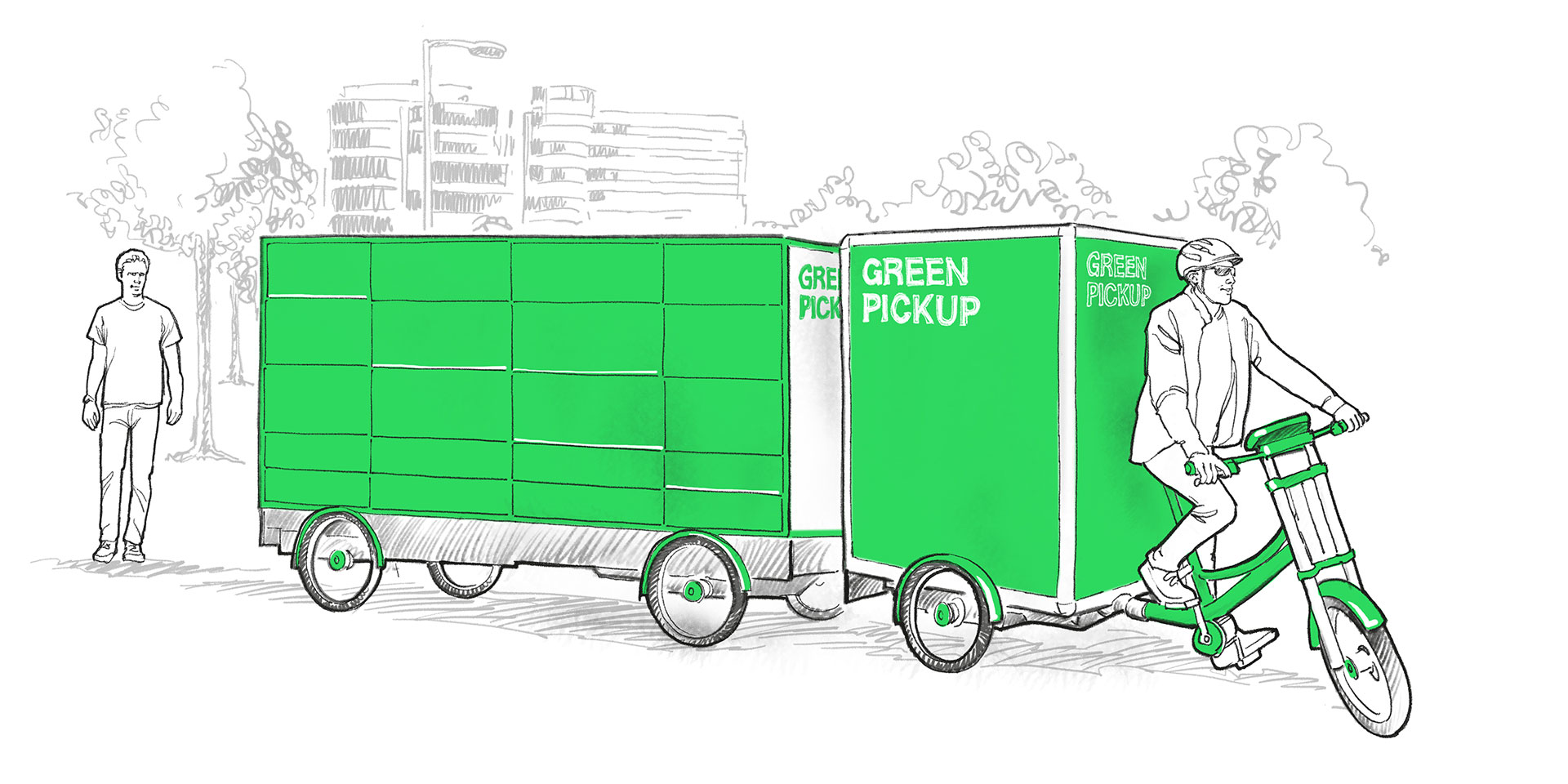 Eine gezeichnete Grafik von der mobilen Paketstation "GreenPickUp". Es ist ein Gefährt zu sehen, das vorne über ein Fahrrad gefahren wird und zwei Anhänger hat, einen größeren und einen kleineren mit der Aufschrft "Green Pickup". Der größere Anhänger stellt eine mobile Paketstation mit mehreren kleinen Fächern. Die Anhänger sind grün, der Rest der Zeitung ist schwarz-weiß.