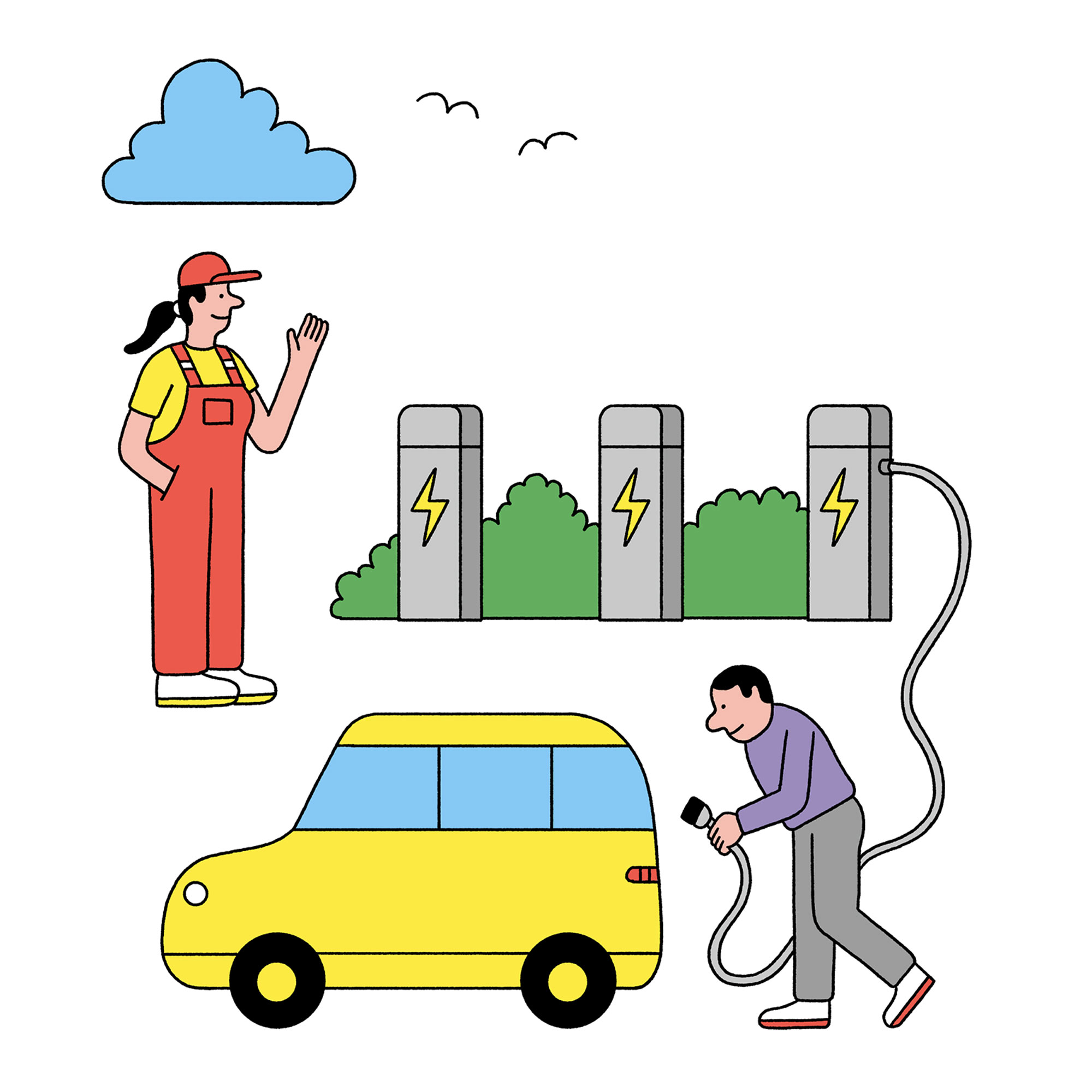 Illustration eines öffentlichen Ladeparks für Elektrofahrzeuge. Eine Frau in roter Latzhose winkt neben mehreren Ladestationen, die hinter einem gelben E-Auto stehen. Ein Mann schließt das Fahrzeug an eine Ladesäule an.