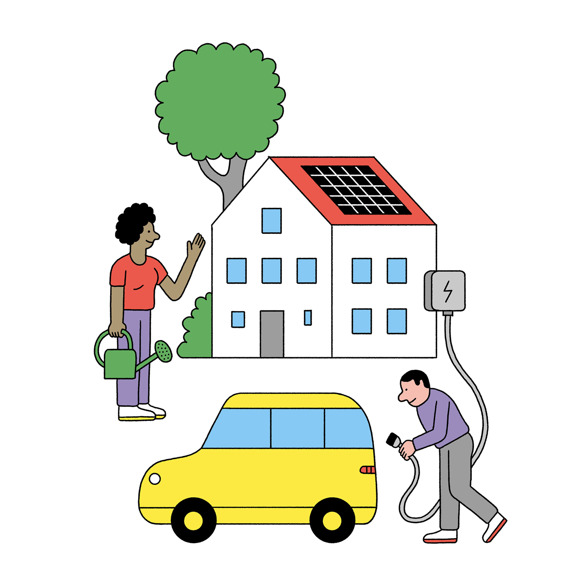Illustration eines nachhaltigen Lebensstils im Eigenheim. Links steht eine Frau mit Gießkanne neben einem großen Baum und winkt. In der Mitte befindet sich ein Haus mit Solarpanels auf dem Dach. Rechts lädt ein Mann ein gelbes Elektroauto an einer Wallbox auf.