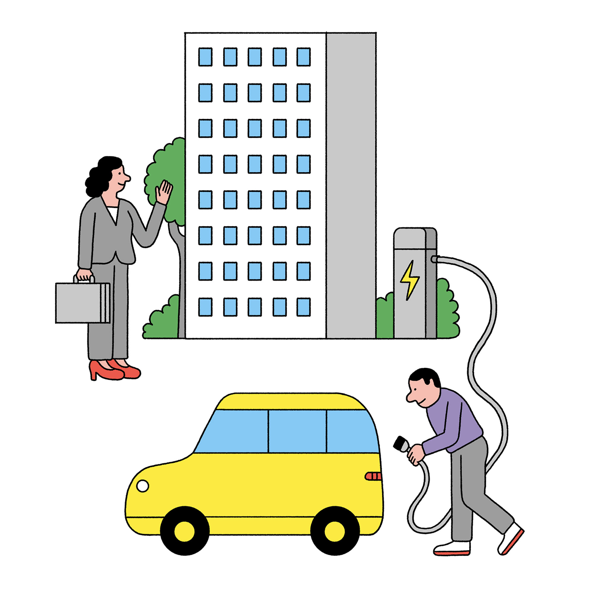 Illustration eines nachhaltigen Arbeitsalltags. Links steht eine Frau im Business-Outfit vor einem Bürogebäude und winkt. Rechts lädt ein Mann ein gelbes Elektroauto an einer Ladestation auf. Im Hintergrund sind grüne Büsche und ein modernes Firmengebäude zu sehen.
