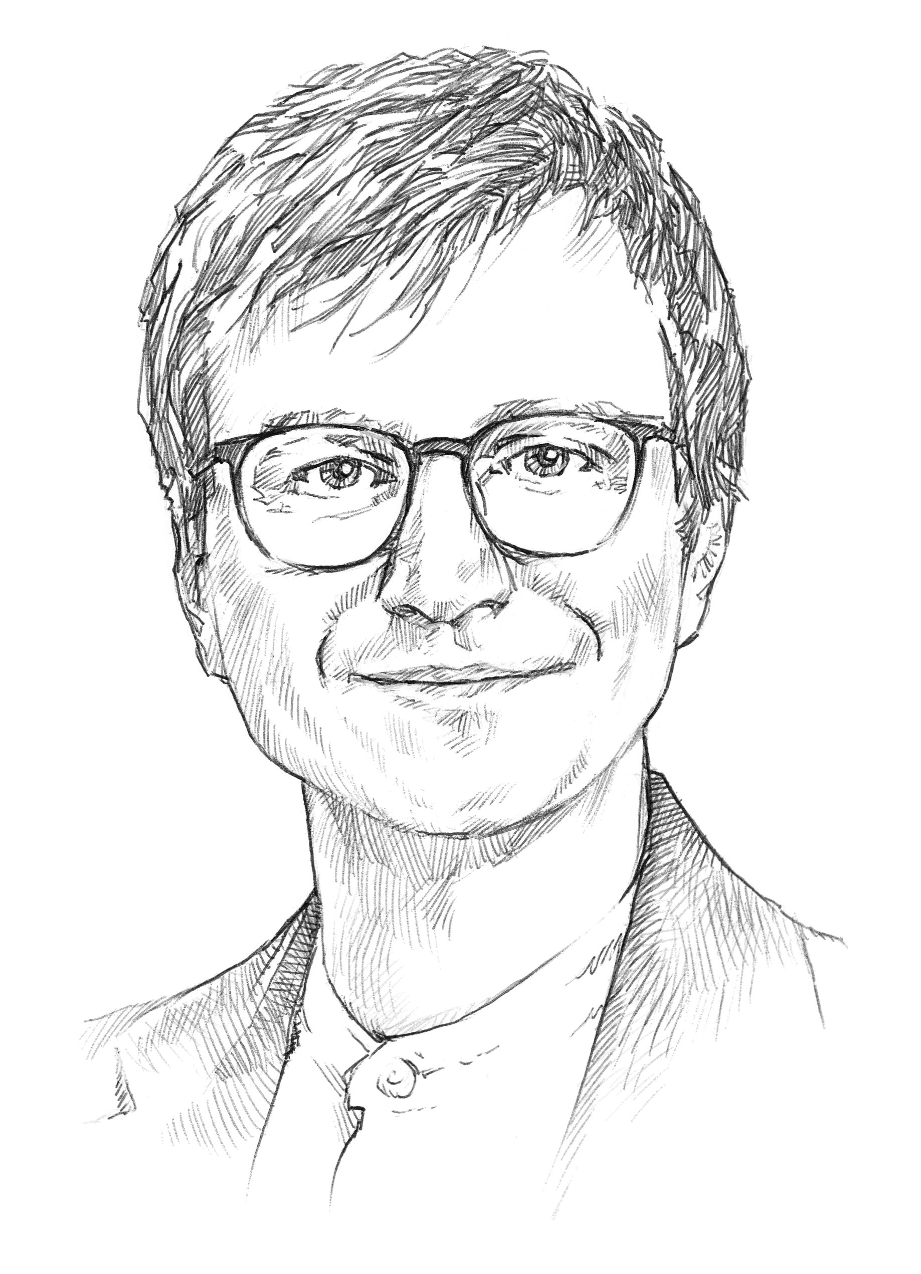 Illustration im Bleistift-Stil eines Mannes mit kurzen, welligen Haaren, der einen eleganten Anzug trägt.