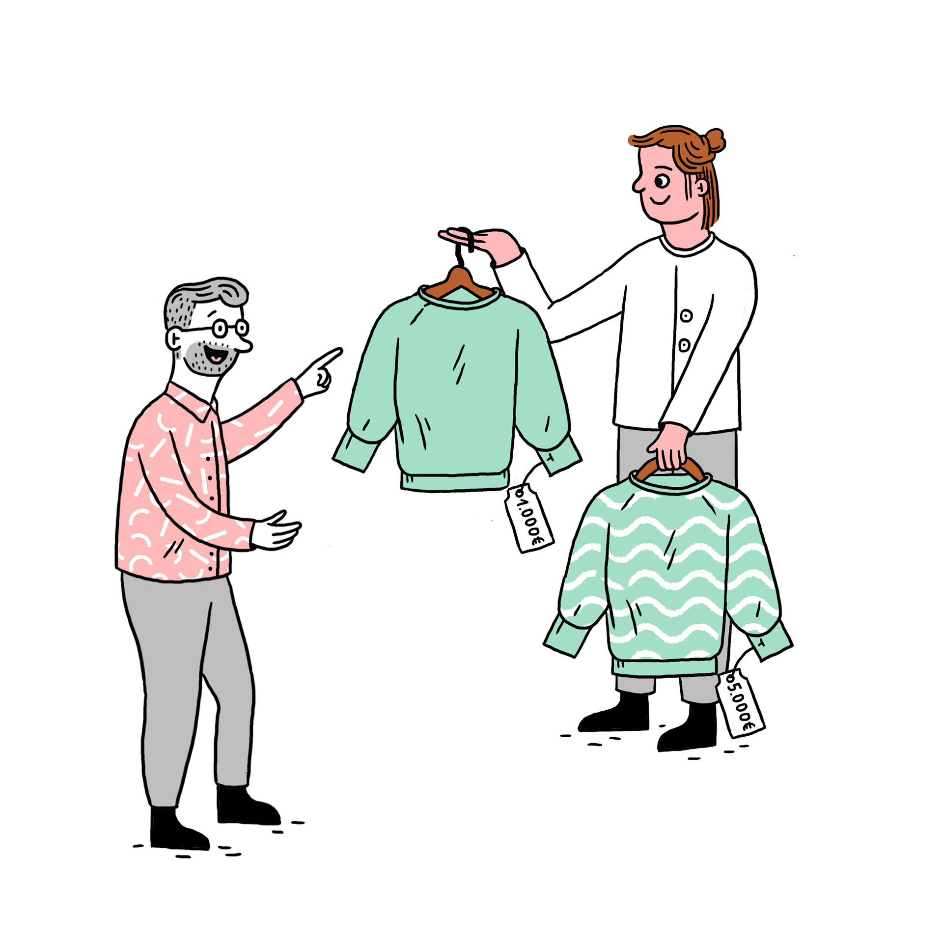 Eine Verkäuferin hält zwei mintgrüne Sweater mit Preisschildern. Ein Pullover kostet 1000 Euro, der andere 5000 Euro. Der Käufer zeigt entscheidend auf das günstigere Modell..