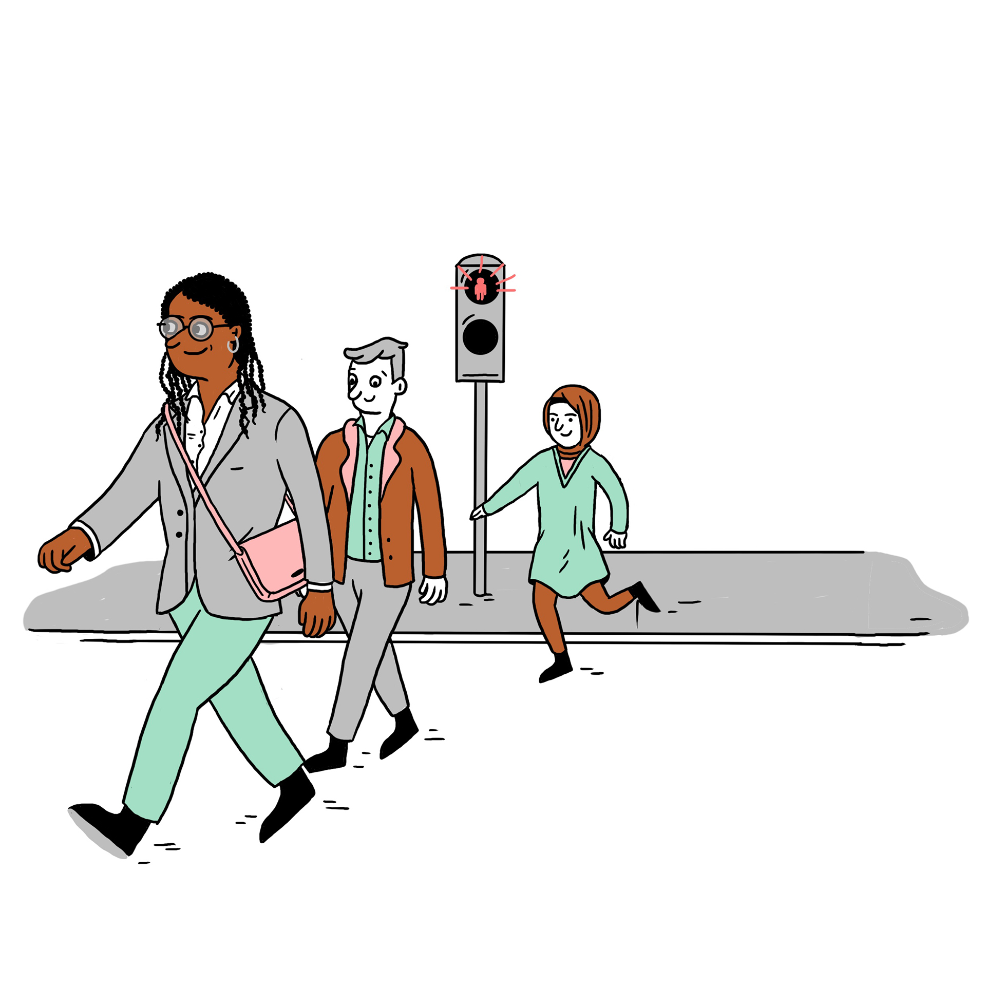 Drei Passantinnen/Passanten gehen über die Straße, obwohl die Fußgängerampel klar Rot zeigt; eine Person eilt den ersten beiden, die Businesskleidung tragen, hinterher.