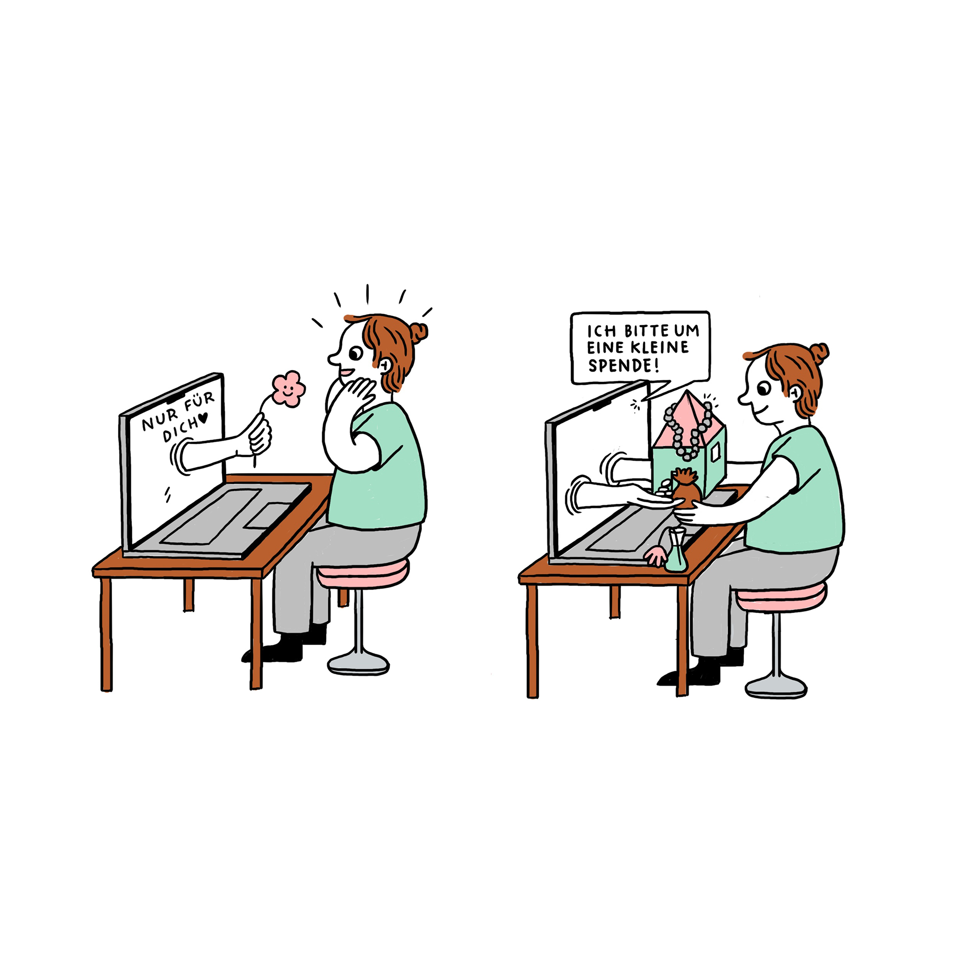 Zweiteilige Szene am Computer: Zuerst ragt ein Arm aus dem Monitor und überreicht ein Geschenk; die Nutzerin staunt. Danach erscheint die Meldung „Ich bitte um eine kleine Spende!“, und sie steckt Münzen hinein.