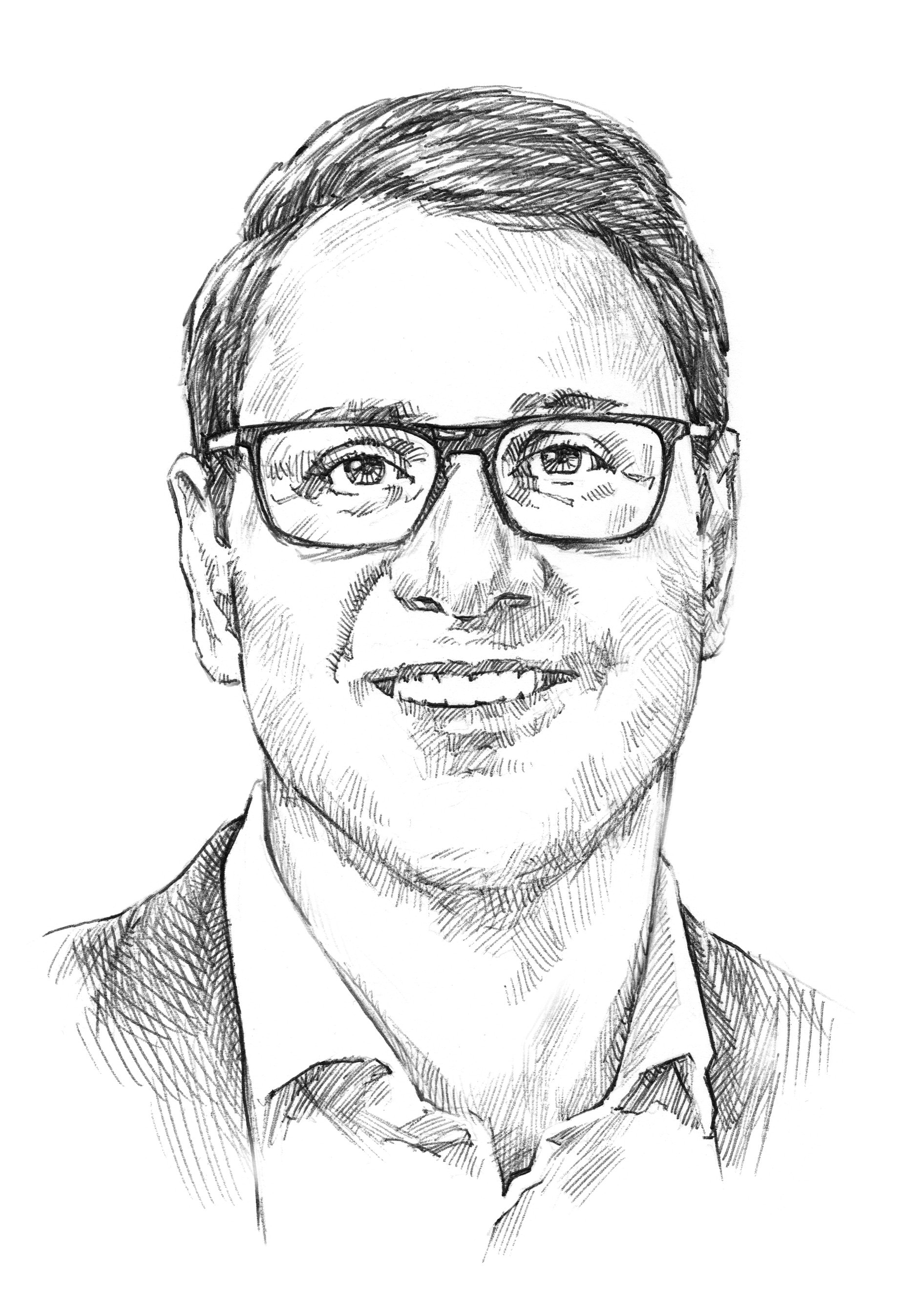 Bleistiftzeichnung eines Kopf-Schulter-Porträts von Moritz Hämmerle: Er lächelt in die Kamera, hat kurze Haare, trägt Brille, Sakko und Hemd.