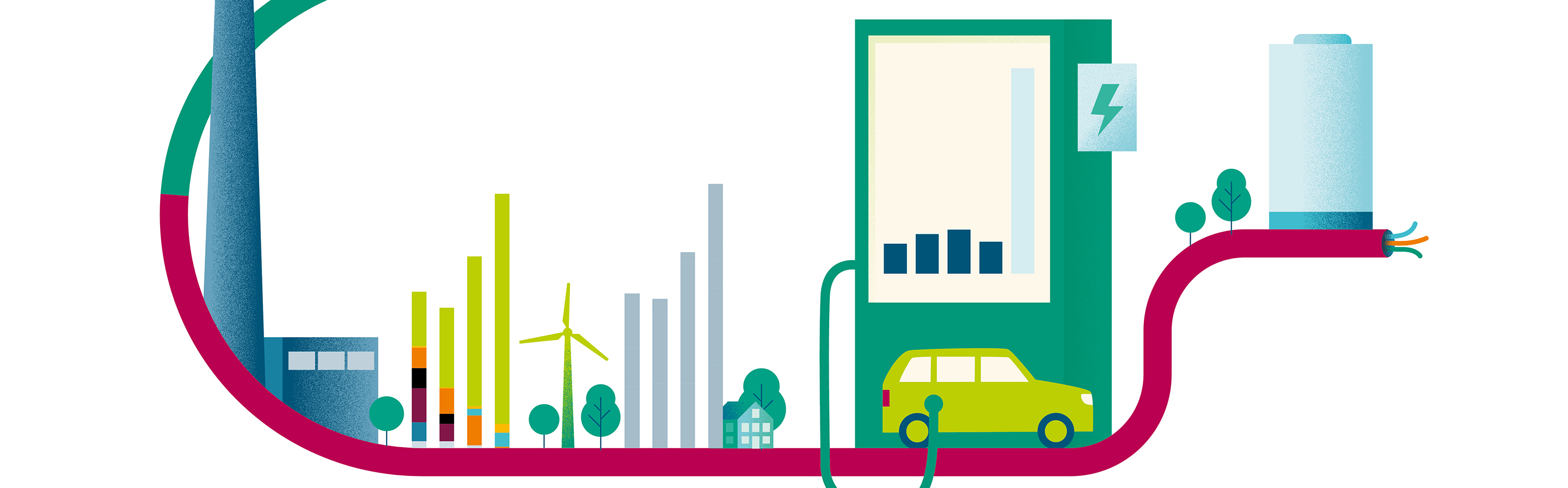 Infografik, die den Verlauf von Emissionen und nachhaltiger Energie zeigt. In der Grafik sind verschiedene Energiequellen, ein Kraftwerk, Diagramme zur CO2-Reduktion und ein Elektroauto abgebildet. Die Darstellung umfasst auch Symbole für erneuerbare Energien und Emissionswerte, die den Übergang zu umweltfreundlicheren Technologien veranschaulichen.