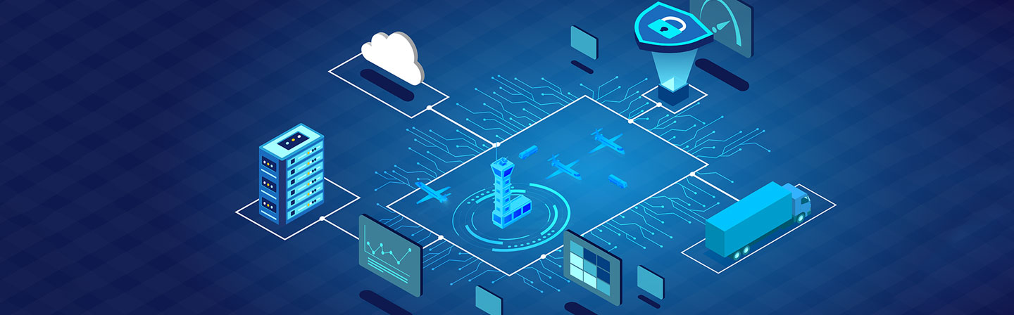 Die Bildkomposition unterstreicht die Verflechtung und Bedeutung von Technologie, Sicherheit und Verkehr. Das Bild besteht aus einer isometrischen Ansicht von verschiedenen Objekten und Strukturen. Es zeigt überwiegend einen blauen Hintergrund, der mit verschiedenen Elementen gefüllt ist. Die Elemente sind miteinander um die Verflechtung darzustellen. In der Mitte des Bildes befindet sich eine isometrische Darstellung eines Flughafens mit Flugzeugen und einem Tower. Im Vordergrund befinden sich ein Server. In der rechten oberen Ecke befindet sich eine Wolke, ein isometrisch dargestelltes Cloud-Computing-System. In der rechten Mitte des Bildes befindet sich ein Computer, auf dem ein Vorhängeschloss abgebildet wird, das Sicherheitsmaßnahmen symbolisiert. Außerdem ist in der rechten unteren Ecke des Bildes ein blauer Lastwagen.  