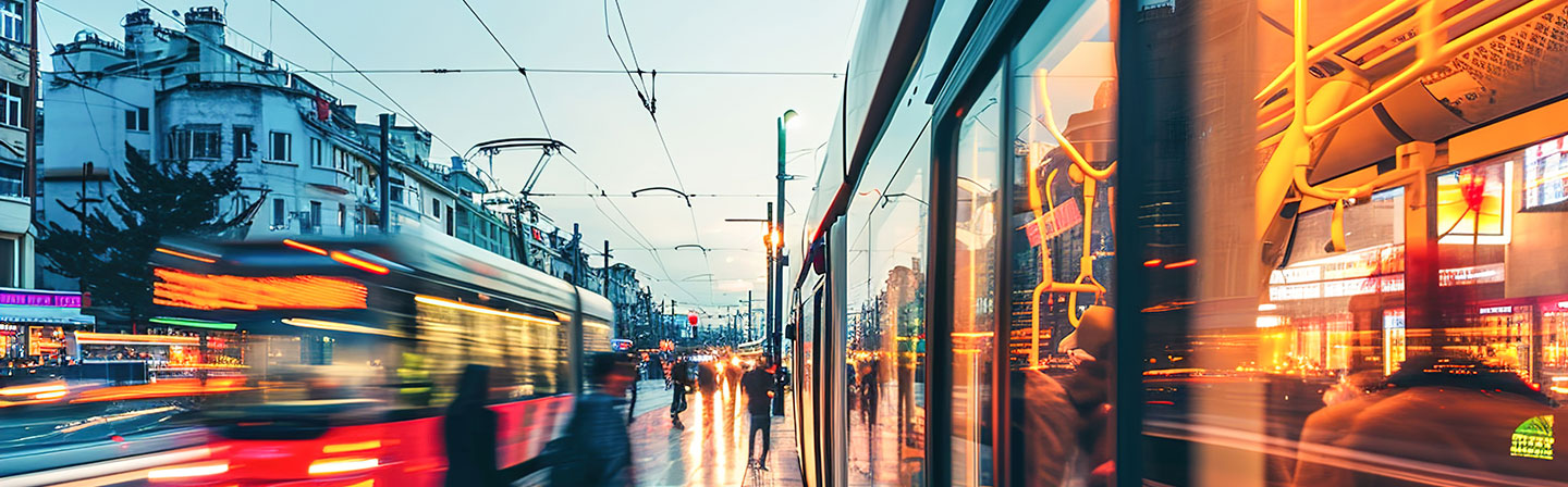 Commuters using public transportation, such as buses or trams.