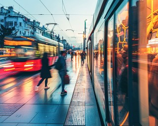 Commuters using public transportation, such as buses or trams.