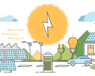 Illustration eines Smart Grid mit Solarpanels, einem Elektrizitätsnetz, einer Stadtlandschaft und nachhaltigen Energiequellen.