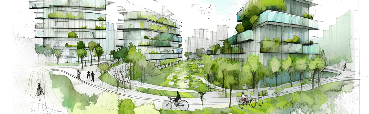 Architectural sketch of a sustainable urban design featuring eco-friendly elements.