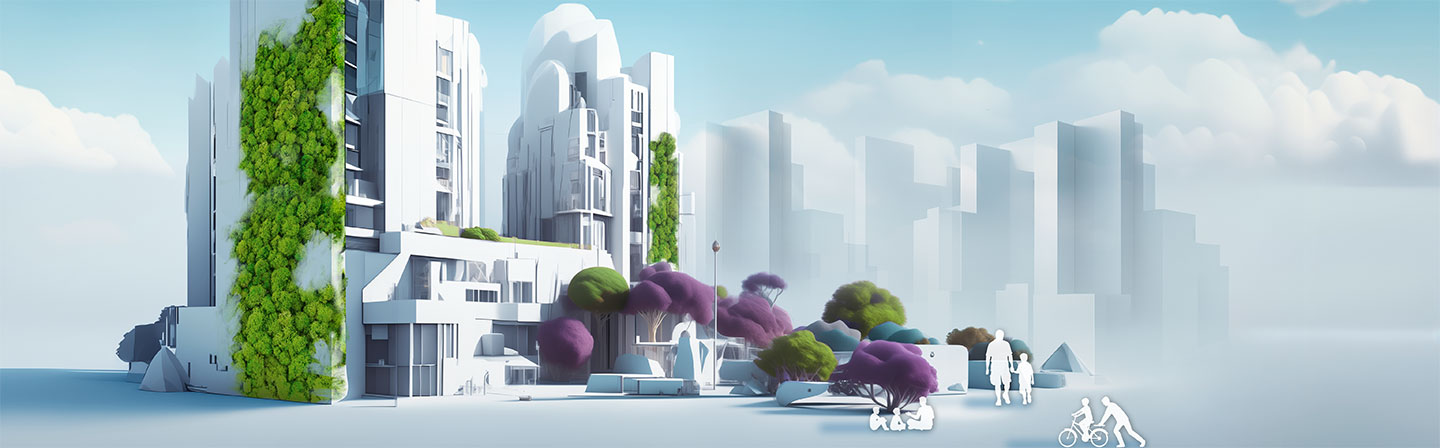 Eine illustrierte Grafik, die ein Stadtquartier der Zukunft repräsentiert. Es sind Hochhäuser und Silhouetten von Hochhäusern zu sehen mit blauem Himmel und Wolken im Hintergrund. Einige der Häuserfassaden sind begrünt. Nach vorne ist eine parkähnliche Struktur mit Sitzmöglichkeiten und Bäumen skizziert. Davor sind Silhouetten von Menschen im Laufen, Sitzen und beim Fahrradfahren zu sehen.