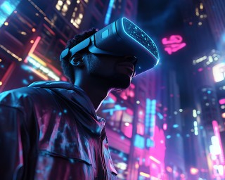 Ein Mann trägt ein VR-Headset in einer futuristischen, neonbeleuchteten Cyberpunk-Stadt bei Nacht. Die Szene zeigt eine immersive virtuelle Realität mit leuchtenden Werbetafeln, urbaner Architektur und digitalen Effekten – Symbol für Innovation, Gaming, künstliche Intelligenz und das Metaverse.