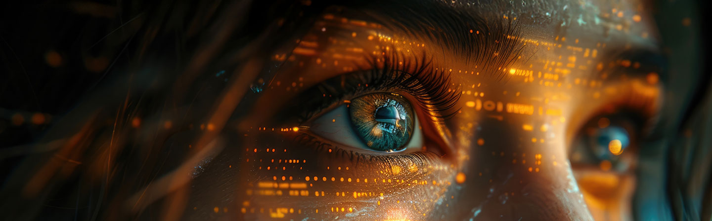 Nahaufnahme eines menschlichen Gesichts mit leuchtenden, digitalen Daten-Overlays und strahlend blauen Augen – Symbolbild für die Zukunft industrieller Wertschöpfungssysteme. Die visuelle Darstellung verbindet Mensch und Technologie, KI, digitale Zwillinge und Datenautomatisierung.