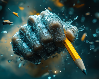 Eine handgezeichnete Faust hält einen Bleistift, umgeben von einer dynamischen, zerbrochenen Umgebung.