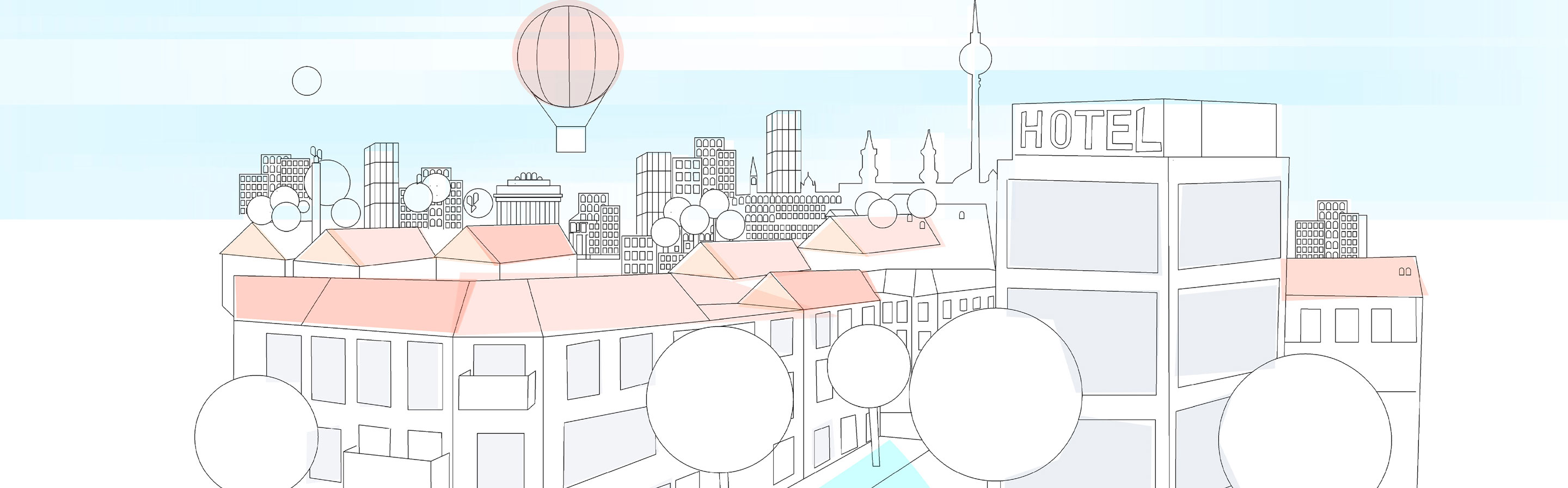 Eine cartoonartige Illustration von Hotels.