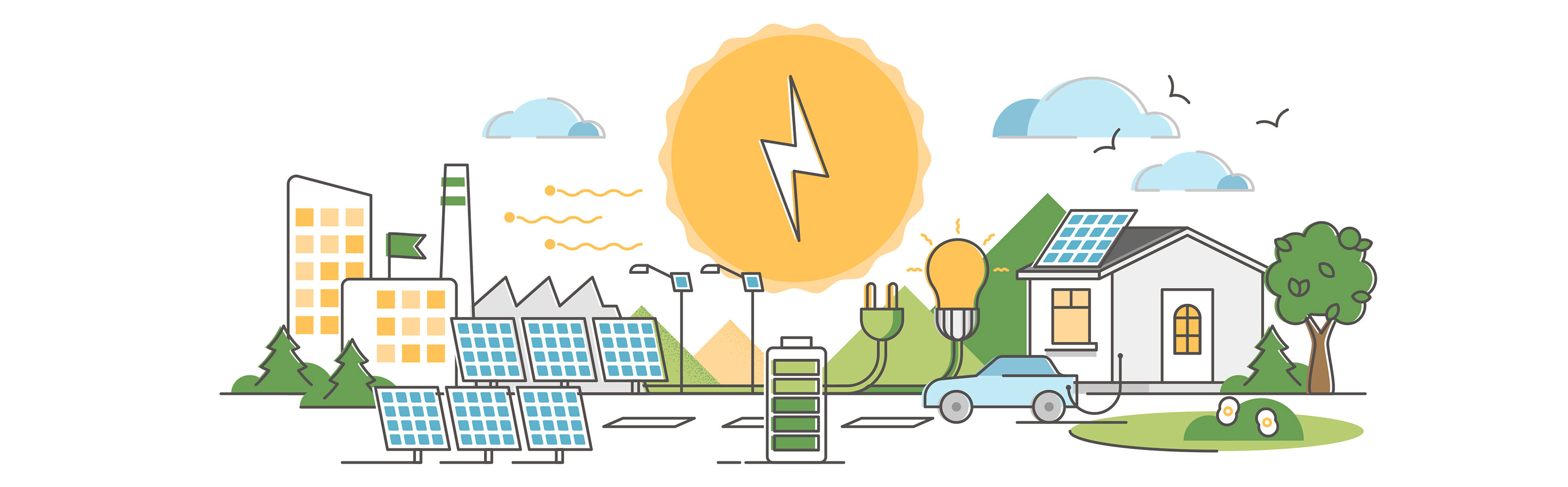 Illustration eines Smart Grid mit Solarpanels, einem Elektrizitätsnetz, einer Stadtlandschaft und nachhaltigen Energiequellen.