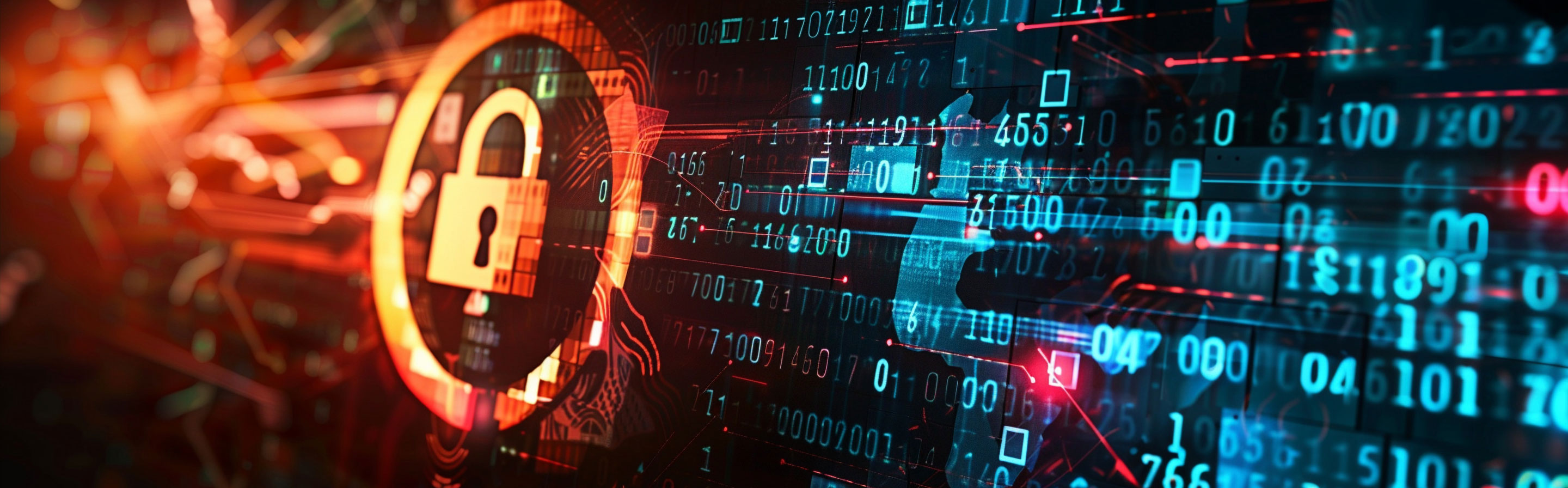 Eine abstrakte Illustration, die eine Zahlenmatrix und ein Schloss darstellt, um Sicherheit zu versinnbildlichen.