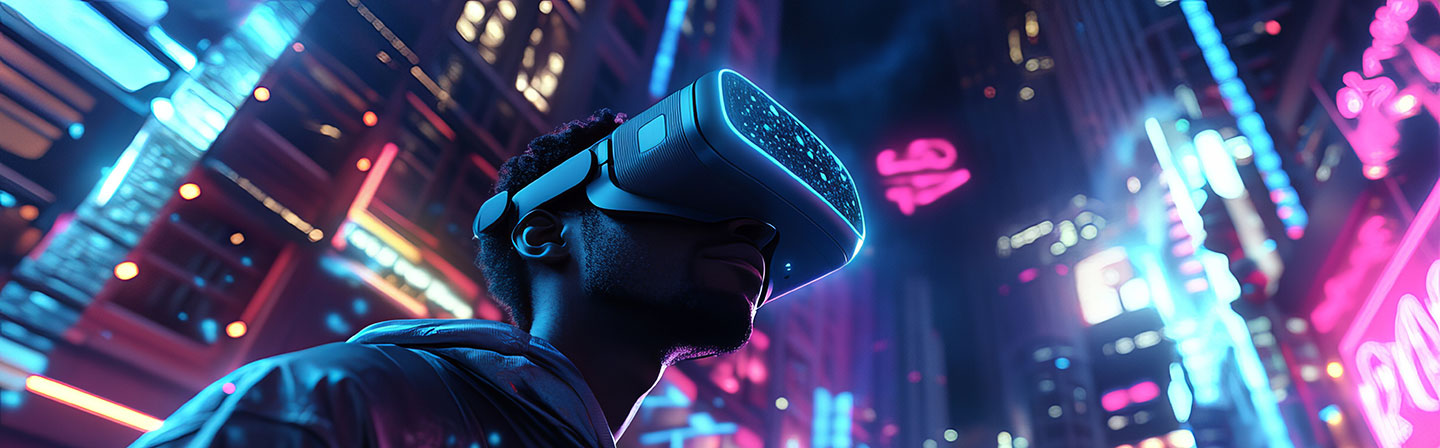 Ein Mann trägt ein VR-Headset in einer futuristischen, neonbeleuchteten Cyberpunk-Stadt bei Nacht. Die Szene zeigt eine immersive virtuelle Realität mit leuchtenden Werbetafeln, urbaner Architektur und digitalen Effekten – Symbol für Innovation, Gaming, künstliche Intelligenz und das Metaverse.