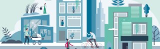 Illustration eines zukünftigen Wohnlabors mit nachhaltigen Gebäuden, in denen Menschen mit Pflanzen arbeiten, Fahrrad fahren und mit Kinderwagen unterwegs sind, umgeben von einer grünen, urbanen Umgebung.