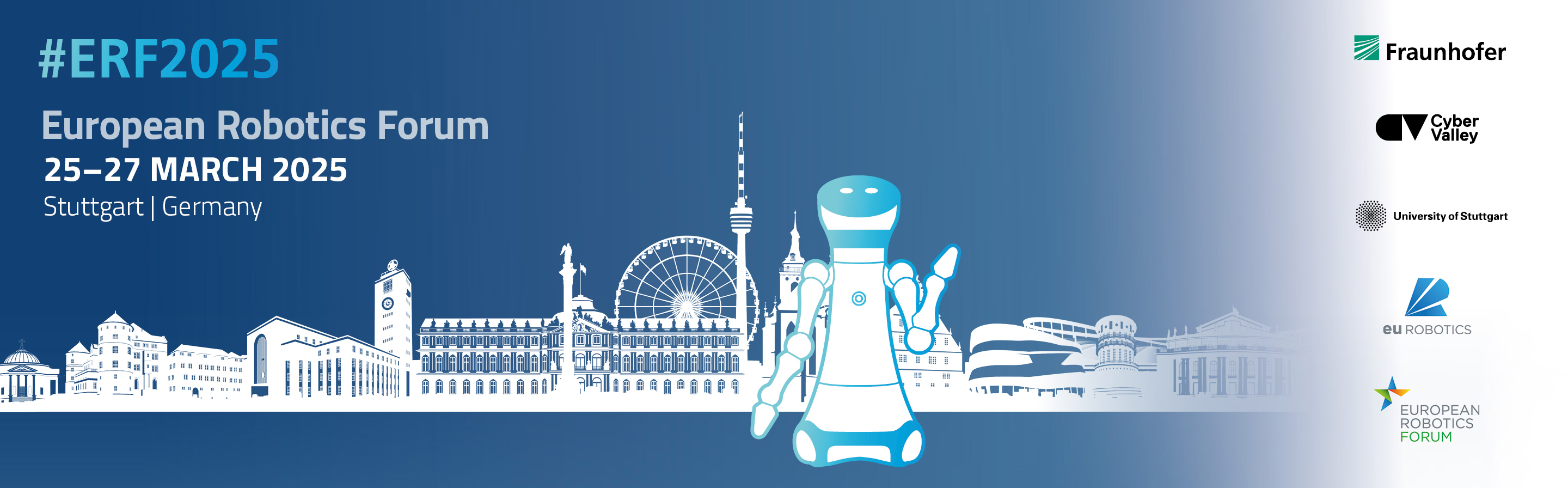 Eine cartoonartige Illustration einer Stadt, in die Roboter integriert sind.